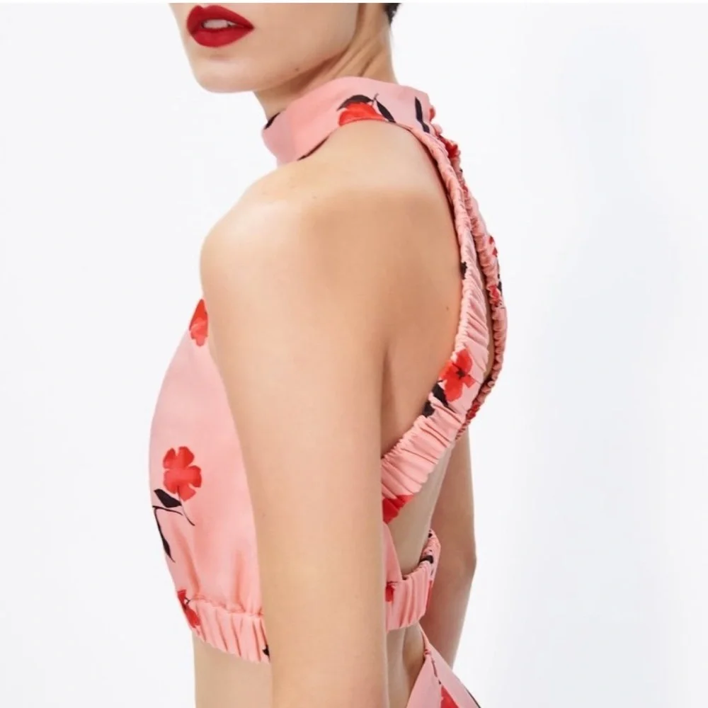 Zara Pink Poppy Floral Halter Crop Top Linen Blend Summer Vacation Backless - Picture 5 of 8